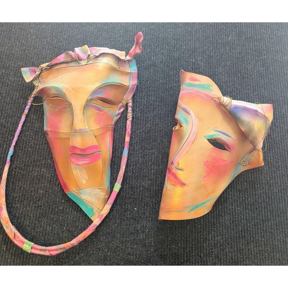 Vintage Dominique Caron 1995 Abstract Hand Painted Leather Masks Wall Art Decor